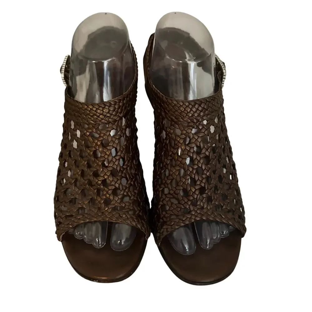 Brighton Realm Bronze Leather Woven Basketweave Wedge Sandals Feminine Boho